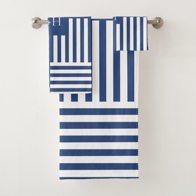 Blue White Stripes Bathroom Housewarming Gift Bath Towel Set (Insitu)