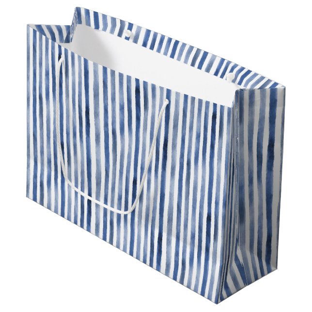 Blue White Stripes Birthday  Large Gift Bag (Front Angled)