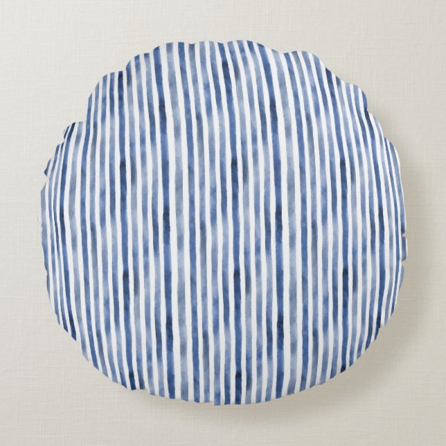 Blue White Stripes Birthday  Round Cushion (Front)