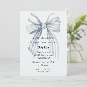 Blue White Stripes Bow Birthday Invitation