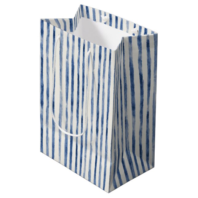 Blue White Stripes Bridal Shower Medium Gift Bag (Front Angled)