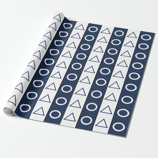 Blue White Stripes Circle Triangle Geometric  Wrapping Paper (Unrolled)
