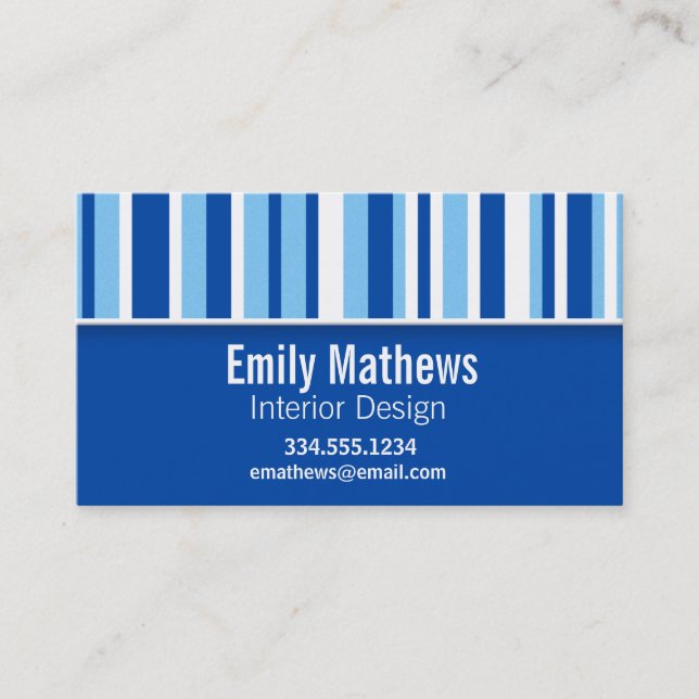 Blue & White Stripes; Cute Business Card (Front)