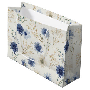 Blue White Stripes Floral Bridal Shower Large Gift Bag