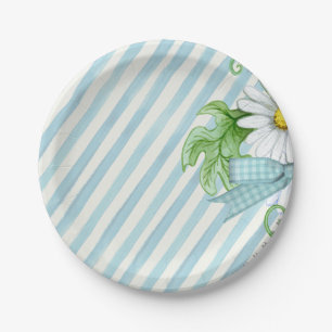 Blue & White Stripes Floral Paper Plate