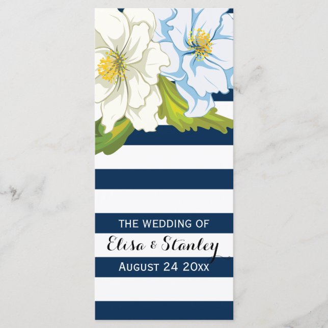 Blue white stripes, flowers modern wedding program programme (Front)