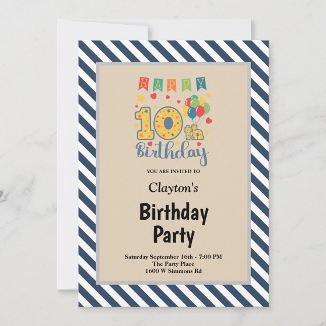 Blue/White Stripes Framed 10th Birthday Party Invitation (Front)