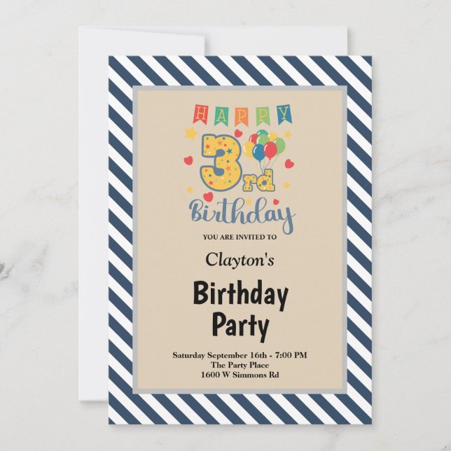 Blue/White Stripes Framed 3rd Birthday Party Invitation (Front)