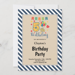 Blue/White Stripes Framed 5th Birthday Party Invitation