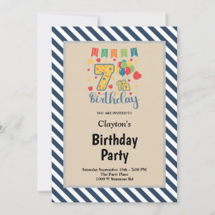 Blue/White Stripes Framed 7th Birthday Party Invit Invitation