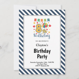 Blue/White Stripes Framed 8th Birthday Party Invitation