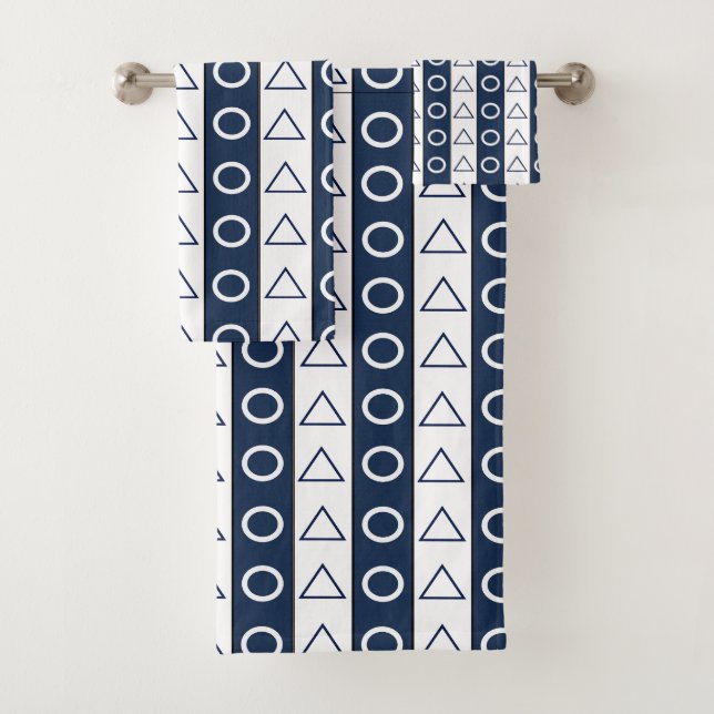Blue White Stripes Geometric Circle Triangle  Bath Towel Set (Insitu)