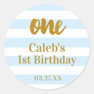 Blue & White Stripes Gold ONE 1st Birthday  Classic Round Sticker