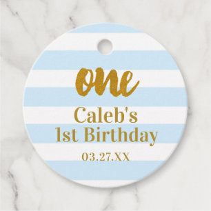 Blue & White Stripes Gold ONE 1st Birthday  Favour Tags