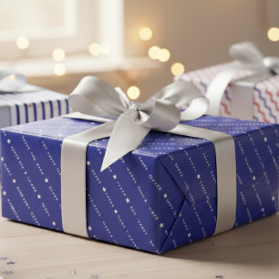 Blue White Stripes Happy New Year Festive Wrapping Paper Sheet