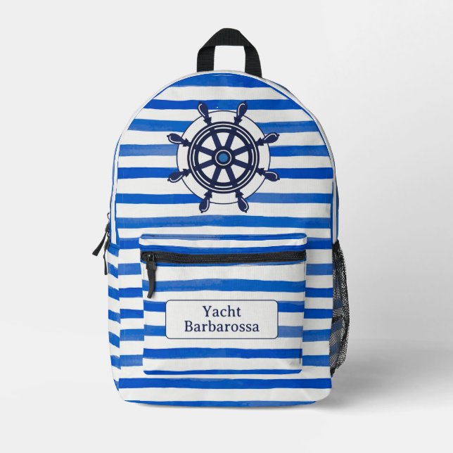Blue White Stripes, Helm, Boat Name Printed Backpack (Front)