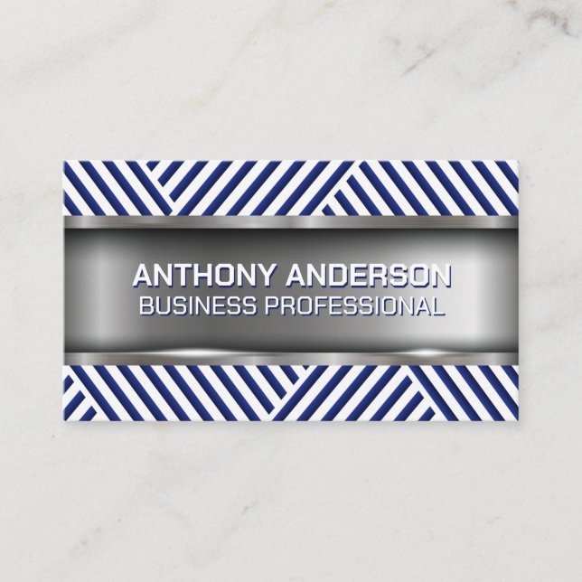 Blue White Stripes | Metallic Business Card (Front)