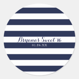 Blue & White Stripes Modern Striped Custom Favour Classic Round Sticker
