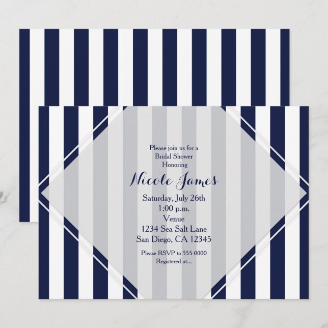 Blue & White Stripes Modern Striped Invitations (Front/Back)