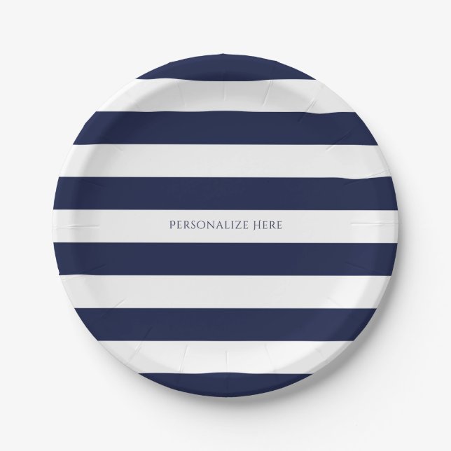 Blue & White Stripes Modern Striped Personalised Paper Plate (Front)