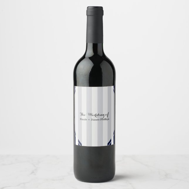 Blue & White Stripes Modern Striped Wine Labels (Front)