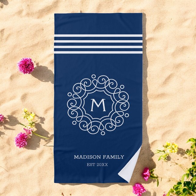 Blue White Stripes Monogram Name Initial Beach Towel (Creator Uploaded)