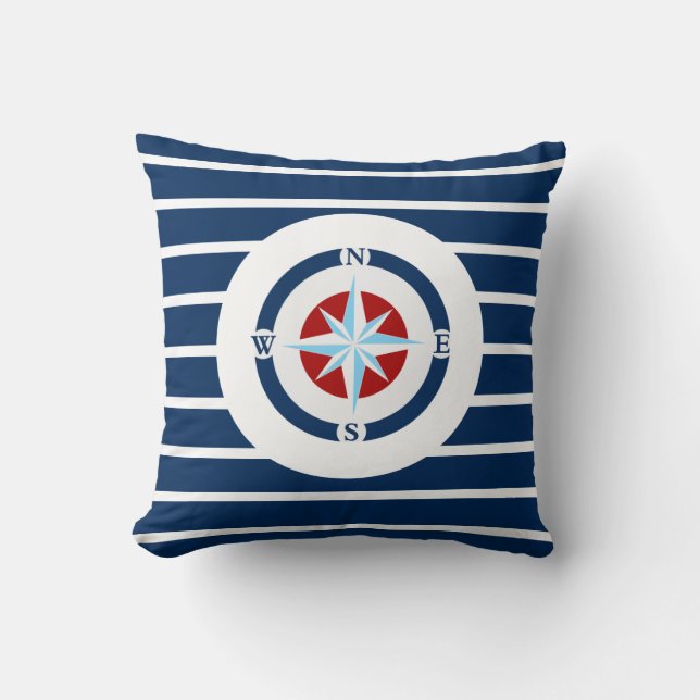 Blue White Stripes Nautical Compass Cushion (Front)