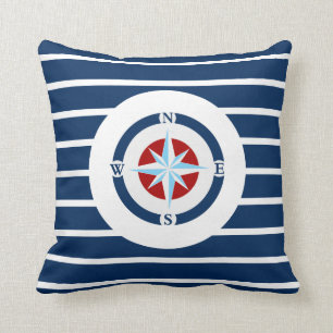 Blue White Stripes Nautical Compass Cushion