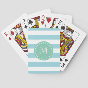 Blue White Stripes Pattern, Mint Green Monogram Playing Cards