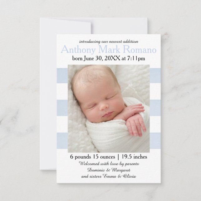Blue/White Stripes Photo - 3x5 Birth Announcement (Front)