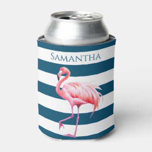 Blue White Stripes Pink Flamingo Personalised Name Can Cooler