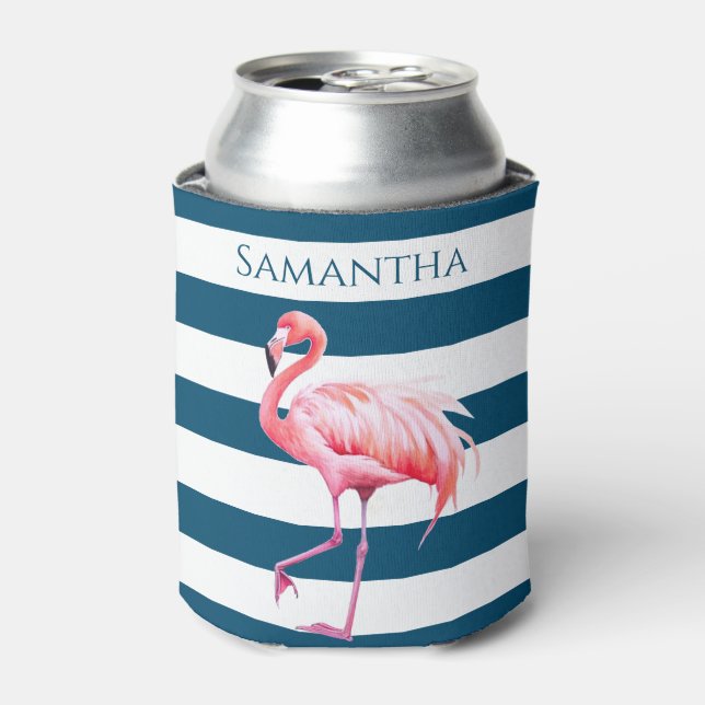 Blue White Stripes Pink Flamingo Personalised Name Can Cooler (Can Front)