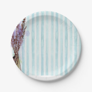 Blue & White Stripes Pink Floral Paper Plate