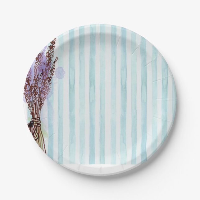 Blue & White Stripes Pink Floral Paper Plate (Front)