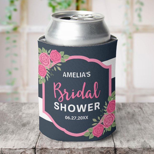 Blue White Stripes Pink Roses Bridal Shower Can Cooler (Creator Uploaded)
