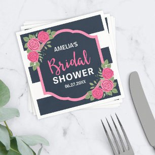 Blue White Stripes Pink Roses Bridal Shower Napkin