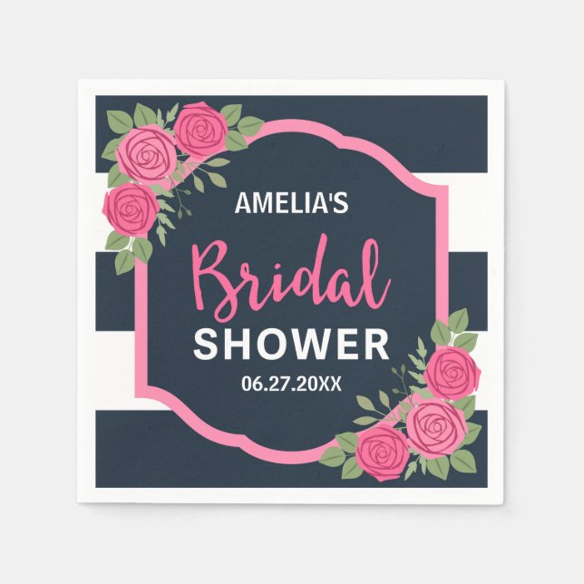 Blue White Stripes Pink Roses Bridal Shower Napkin (Front)