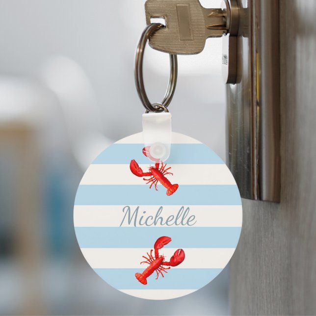 Blue white stripes red lobsters name key ring (Creator Uploaded)