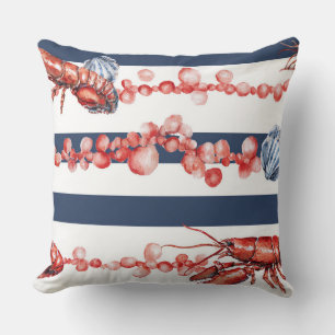BLUE & WHITE STRIPES & RED LOBSTERS & SEASHELLS CUSHION