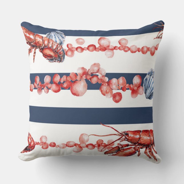 BLUE & WHITE STRIPES & RED LOBSTERS & SEASHELLS CUSHION (Front)