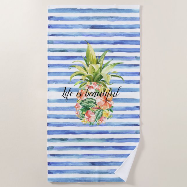 Blue White Stripes Tropical Floral Pineapple Beach Towel (Front)