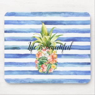 Blue White Stripes Tropical Floral Pineapple     Mouse Mat