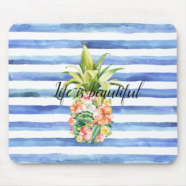 Blue White Stripes Tropical Floral Pineapple     Mouse Mat (Front)