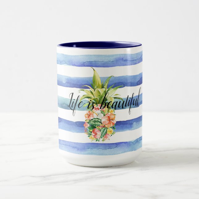Blue White Stripes Tropical Floral Pineapple   Mug (Center)