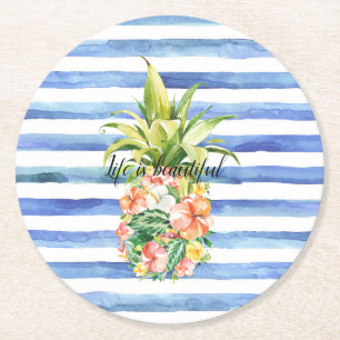Blue White Stripes Tropical Floral Pineapple Round Paper Coaster