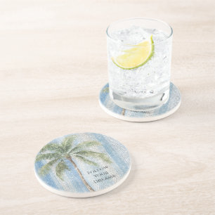 Blue White Stripes Tropical Palm Tree Sparkle Coaster
