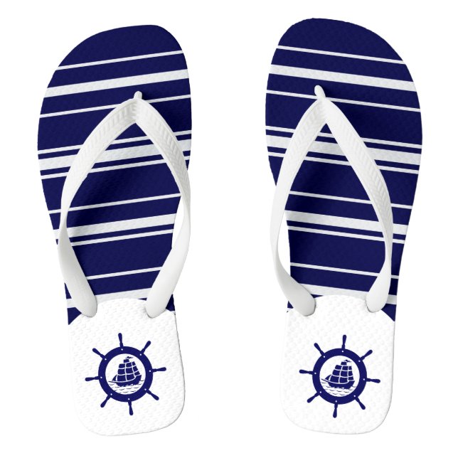 Blue & White Stripes With Nautical Boat Wheel 3 Flip Flops (Footbed)