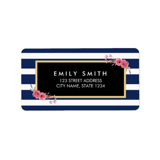 Blue White Stripes with Watercolor Floral Address Address Label