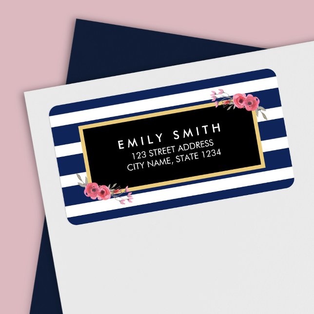 Blue White Stripes with Watercolor Floral Address Label (Creator Uploaded)