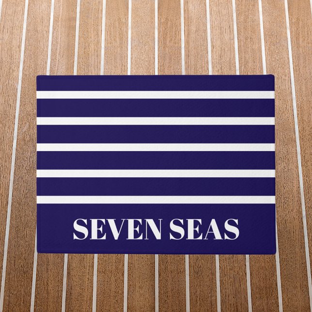 Blue white stripes yacht name doormat (Creator Uploaded)
